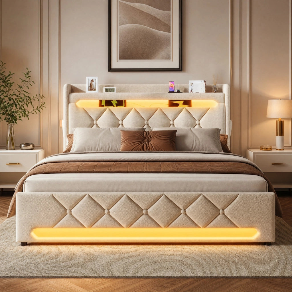 LETTO Contenitore 180x200 cm Beige in lino con LED e porte USB