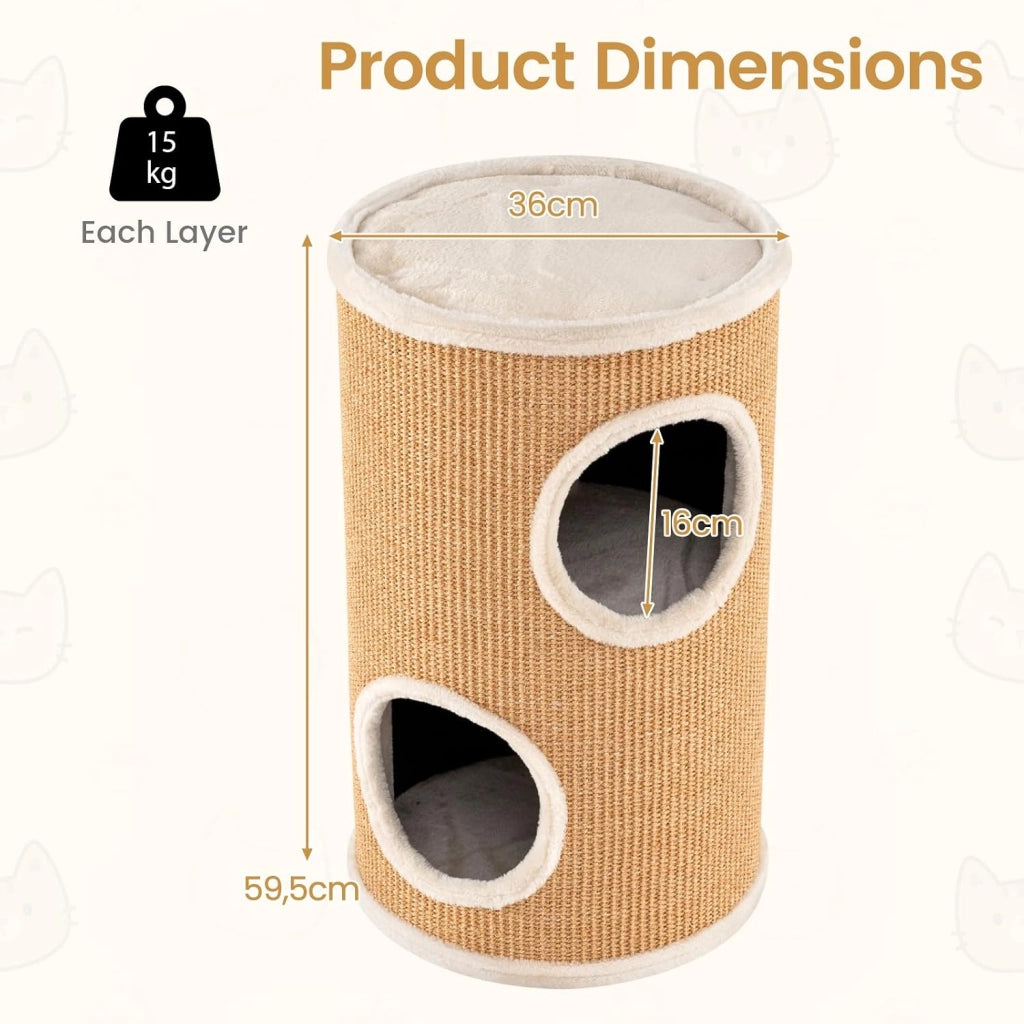 Tiragraffi per Gatti a Torre 60 cm, 3 Piani con 2 Grotte, Cuccia Albero per Gatti con Superficie Tiragraffi in Sisal, Tubo Stabile da Interno Ø36, Arancione