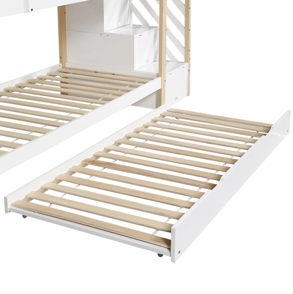 Letto a soppalco con letto estraibile, scala contenitore e sponde di sicurezza