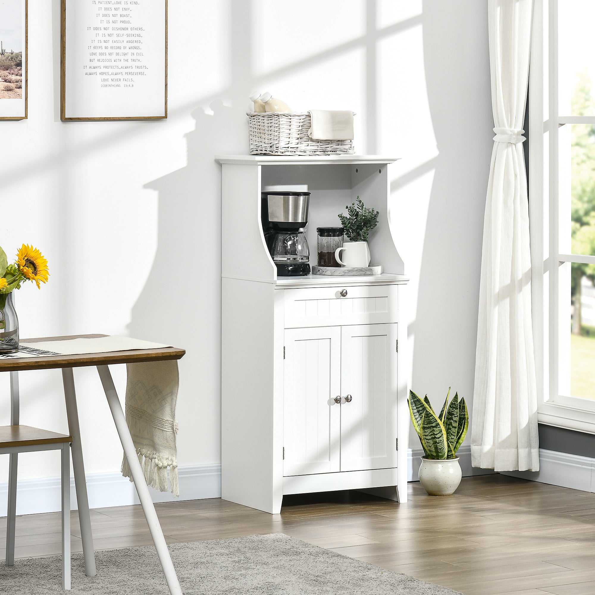 Mobile Cucina per Microonde 60x40x122,5 cm con Cassetto e Armadietto 2 Ante in MDF Bianco