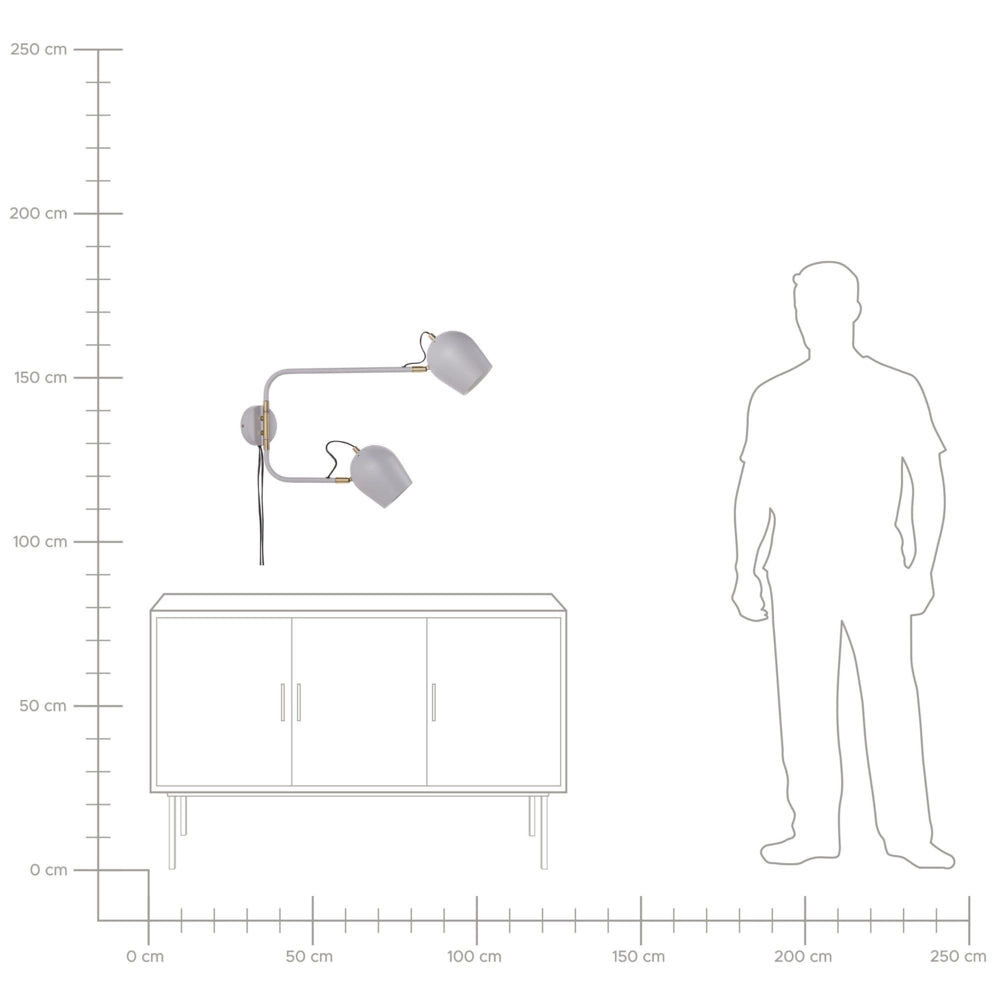 Lampada da parete moderna con 2 paralumi rotondi in metallo con bracci regolabili grigio chiaro look moderno glamour elegante