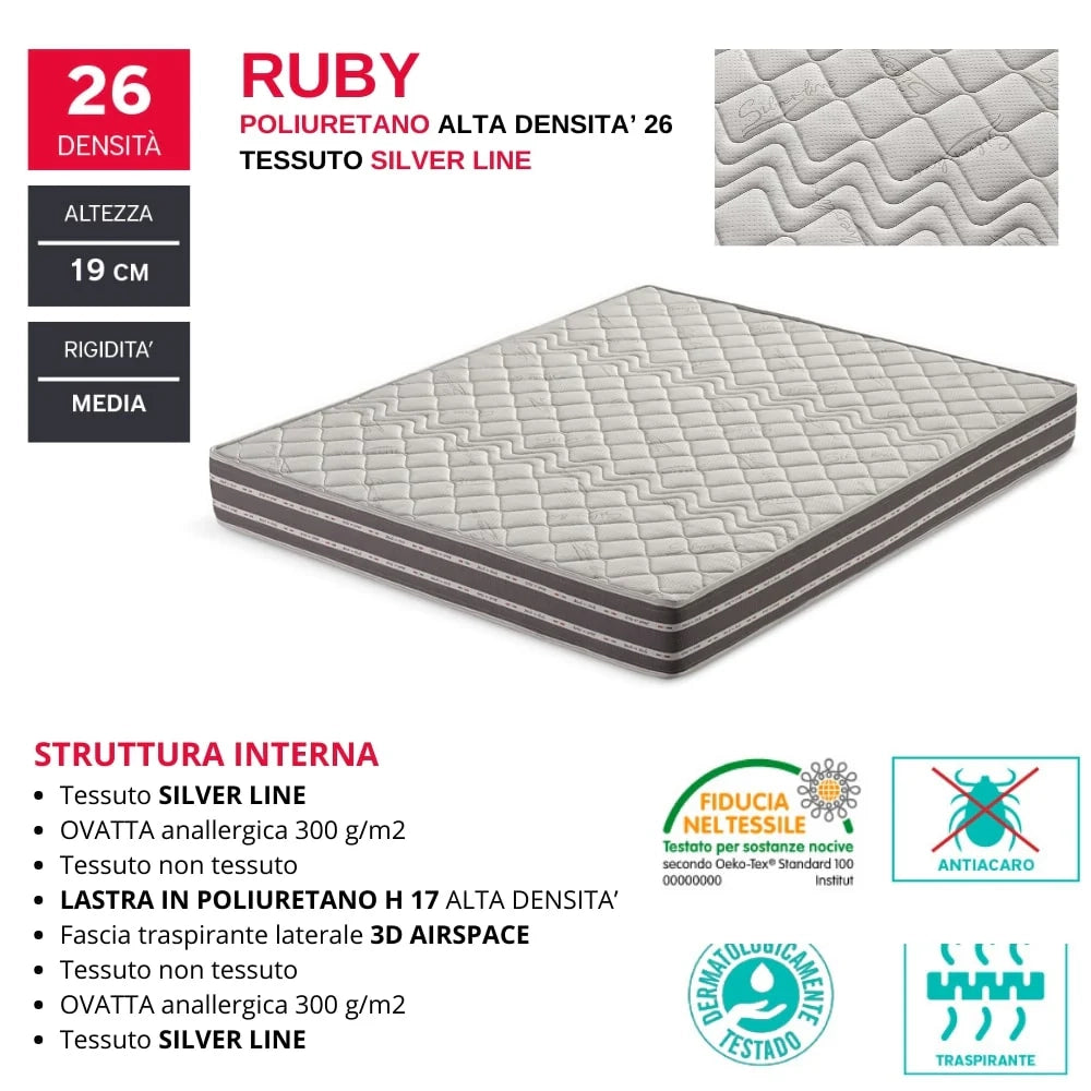Materasso MADE IN ITALY RUBY 120x190 con rivestimento in tessuto antiacaro Silver Line e fascia traspirante laterale