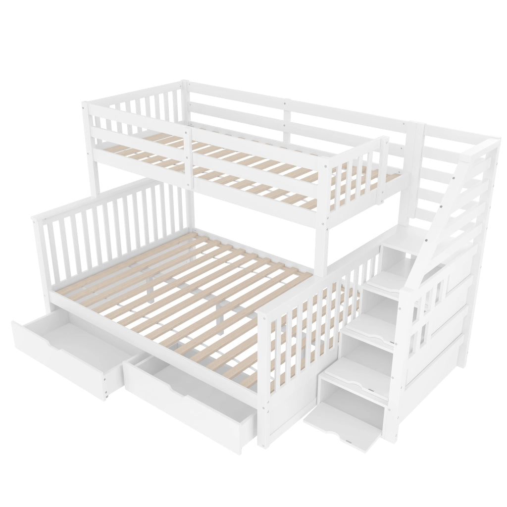 OKWISH Letto a Castello 90×200 cm e 140×200 cm, Letto 3 Posti con 2 Cassetti, Spazio Contenitore e Scala, senza Materasso, Bianco