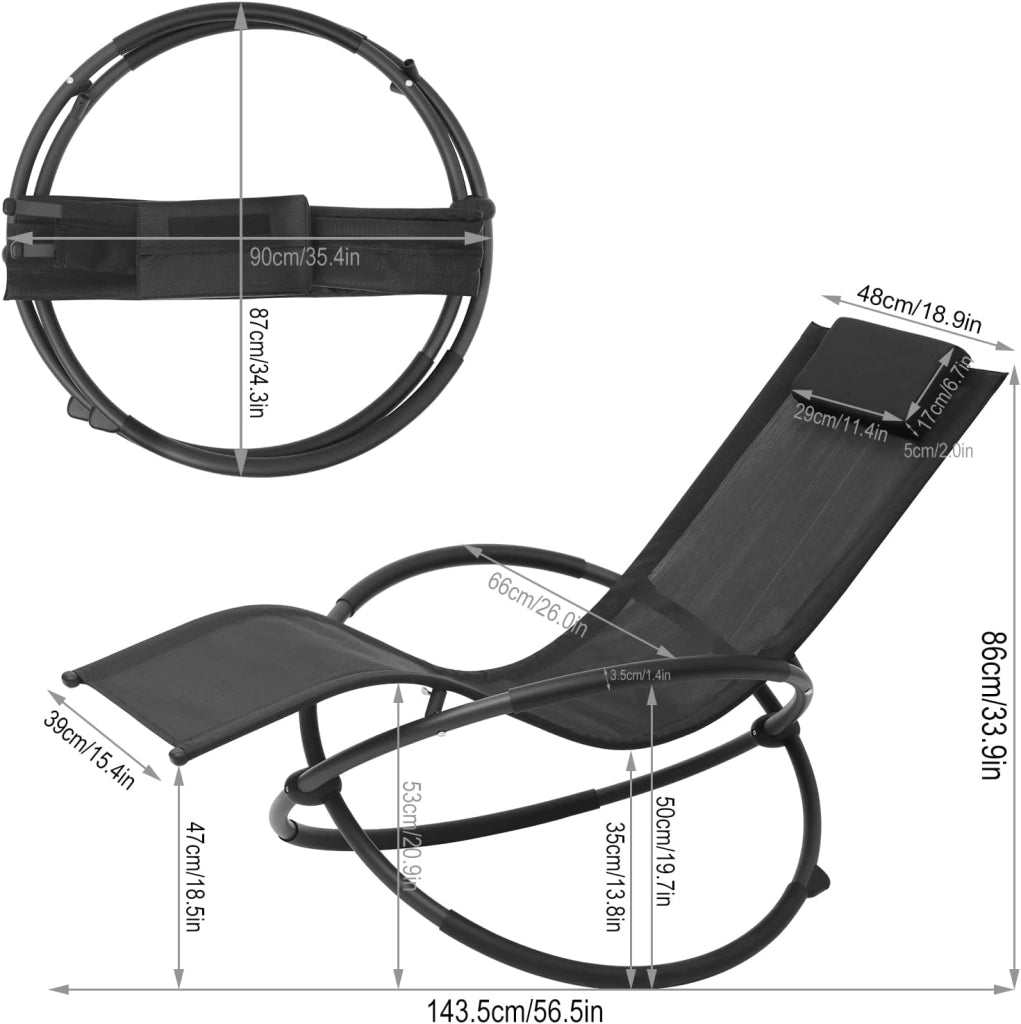 Set di 2 Sedia Sdraio a Dondolo Relax Poltrona Swing Traspirante da Balcone Campeggio Lettino con Braccioli e Poggiatesta, Nero, LS002sz-2