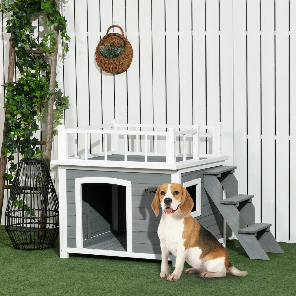 Casetta per Cani con Terrazza Scaletta e Finestra 121x77x78cm Grigio chiaro