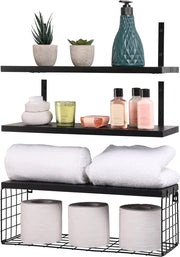 Set di Assi Volanti - Assi di Legno 42 cm - Supporto per Parete in Acciaio con Maniglia - Ideale per Camera da Letto, Salotto, Cucina, Bagno e Ufficio