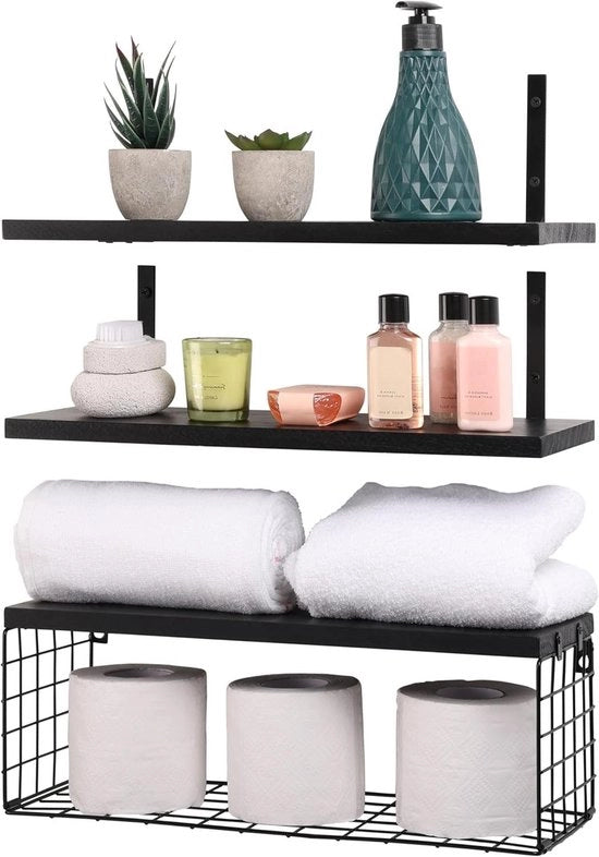 Set di Assi Volanti - Assi di Legno 42 cm - Supporto per Parete in Acciaio con Maniglia - Ideale per Camera da Letto, Salotto, Cucina, Bagno e Ufficio