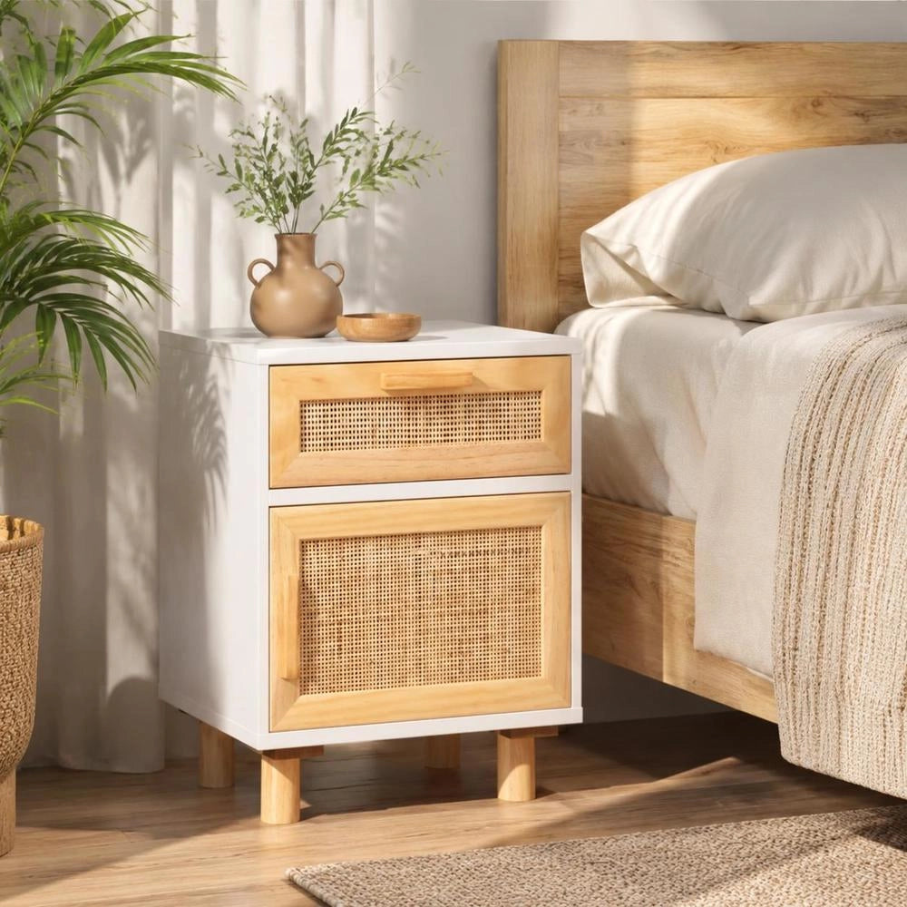Bedside Table, White, Solid Pine Wood And Natural Rattan