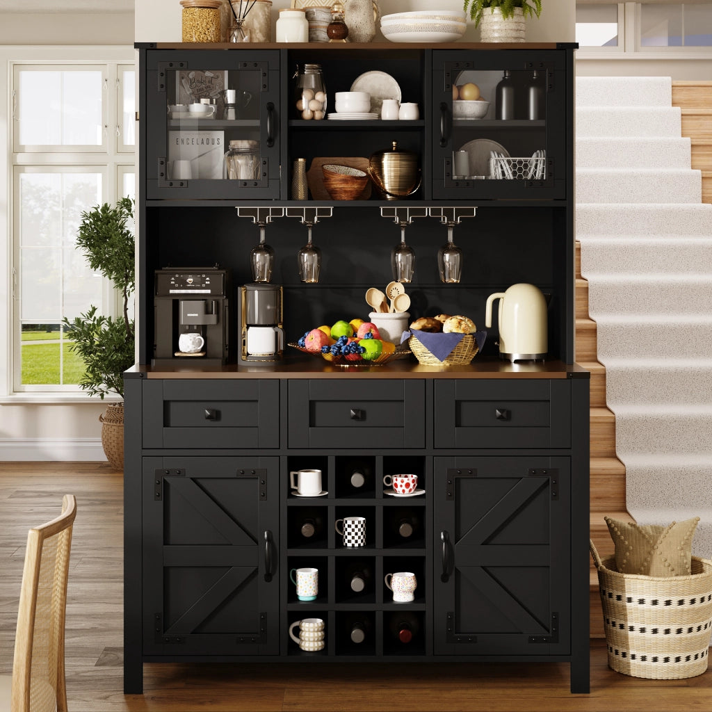 Credenza Alta con LED, USB e Prese ¨C MINIMAL ¨C 4 Ante, 3 Cassetti, Nero, 120¡Á40¡Á170cm