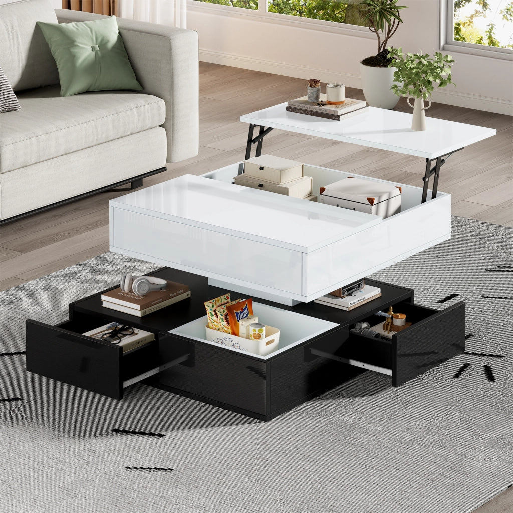 TAVOLO DA SALOTTO 70x70x40/55 cm Bianco Nero girevole 360° con 3 cassetti
