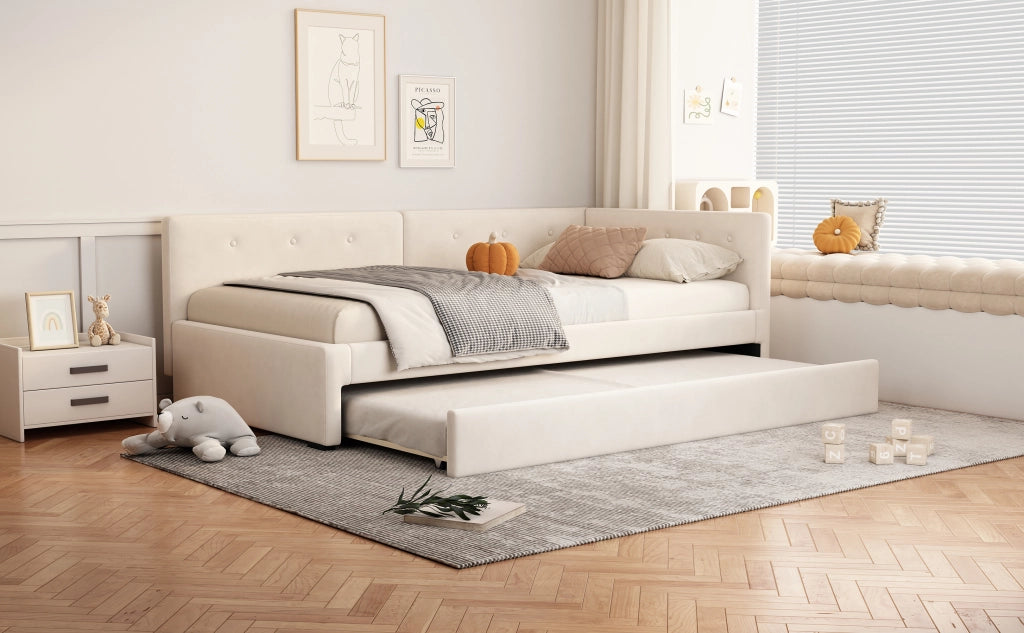 DESMIU Divano letto 90 × 200 cm 1 posto con letto estraibile, senza materasso, in velluto e MDF, beige
