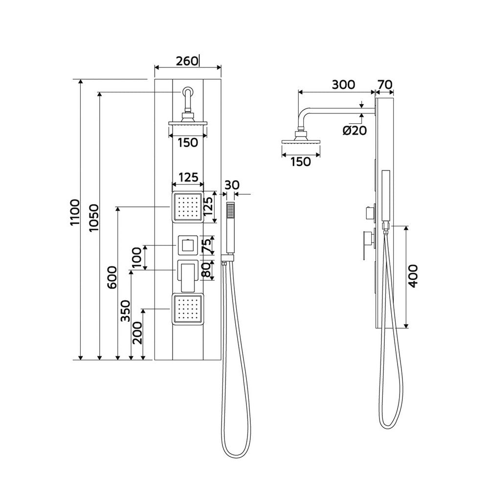 Pannello doccia quadrato nero - Serie Cancun