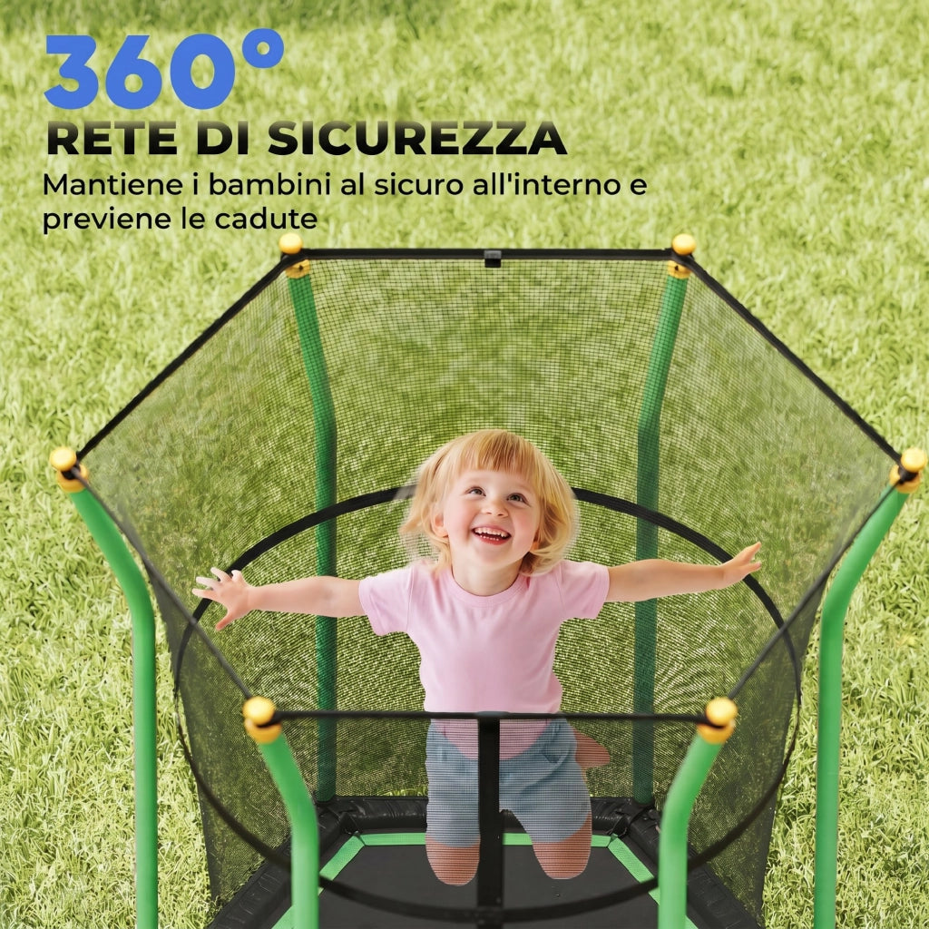 Trampolino Elastico per Bambini 3-10 Anni con Ingresso a Cerniera e Pali Imbottiti, ?163.5x190 cm, Verde