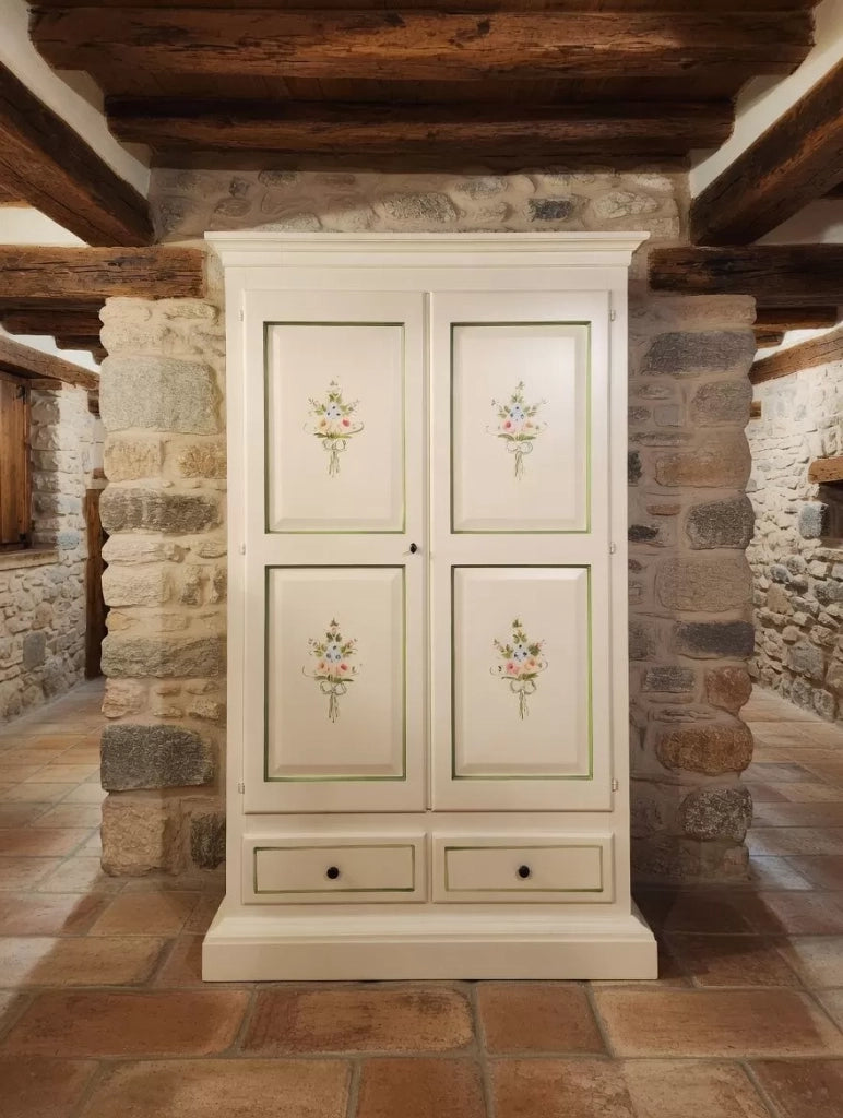 Armadio 2 porte legno shabby avorio decorato filo verde 125x61x200 - Mobili 2G