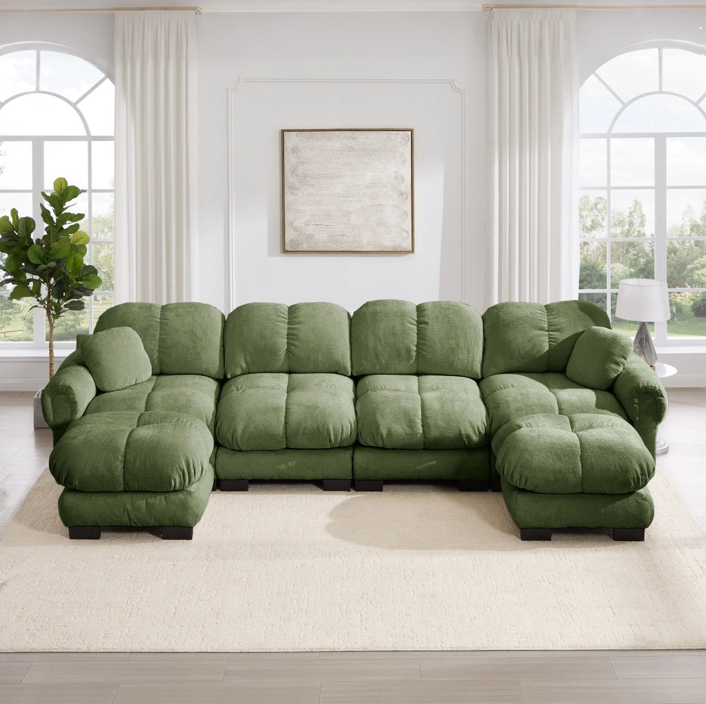 Divano modulare angolare a U in chenille verde 330x149x90 cm con pouf mobili