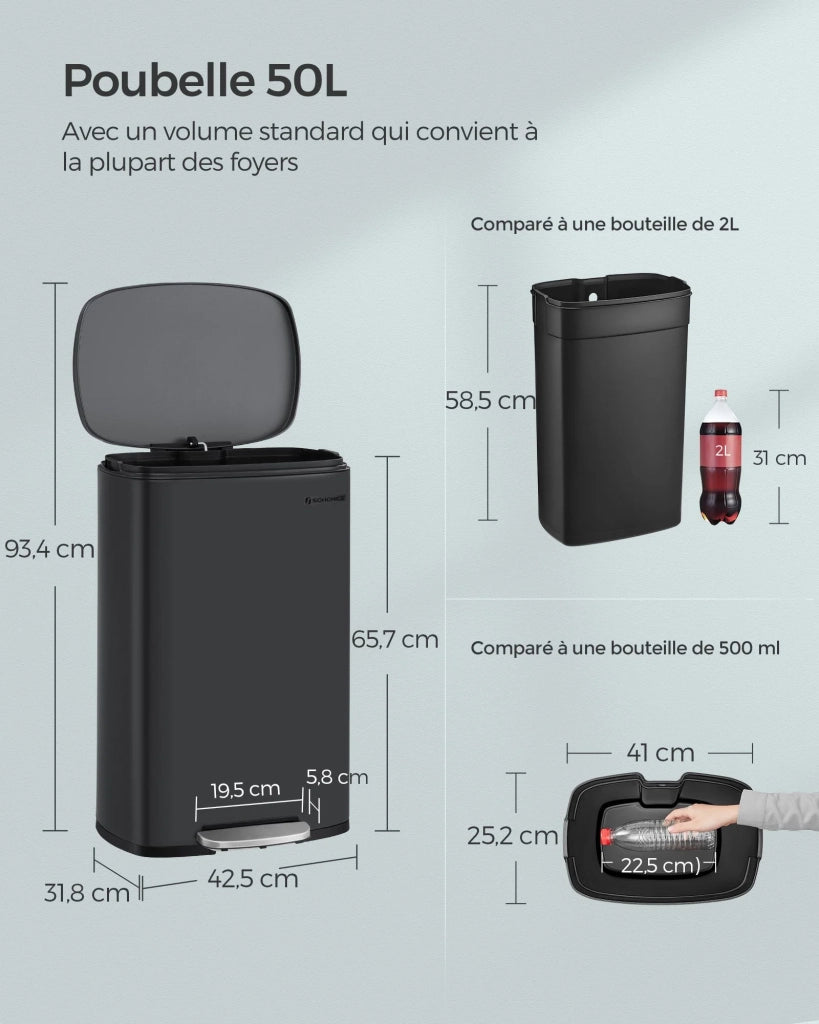 Pattumiera a pedale da 50 litri con secchio interno in plastica coperchio con chiusura ammortizzata antiodore nera 12_0007186