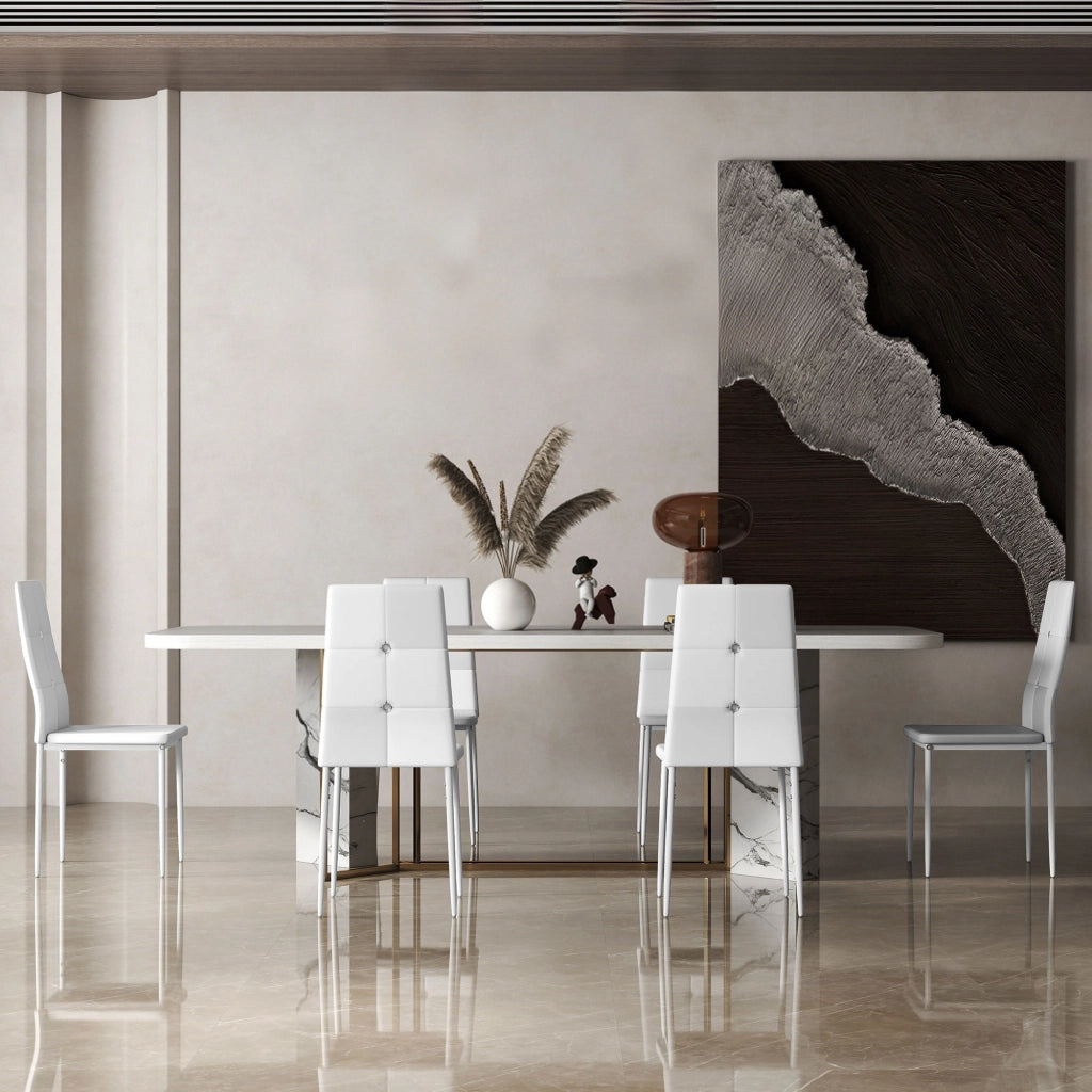 Set di 6 Sedie da Pranzo Imbottite ¨C Zephmum ¨C PU Bianco Schienale Alto con Bottoni Gambe in Acciaio