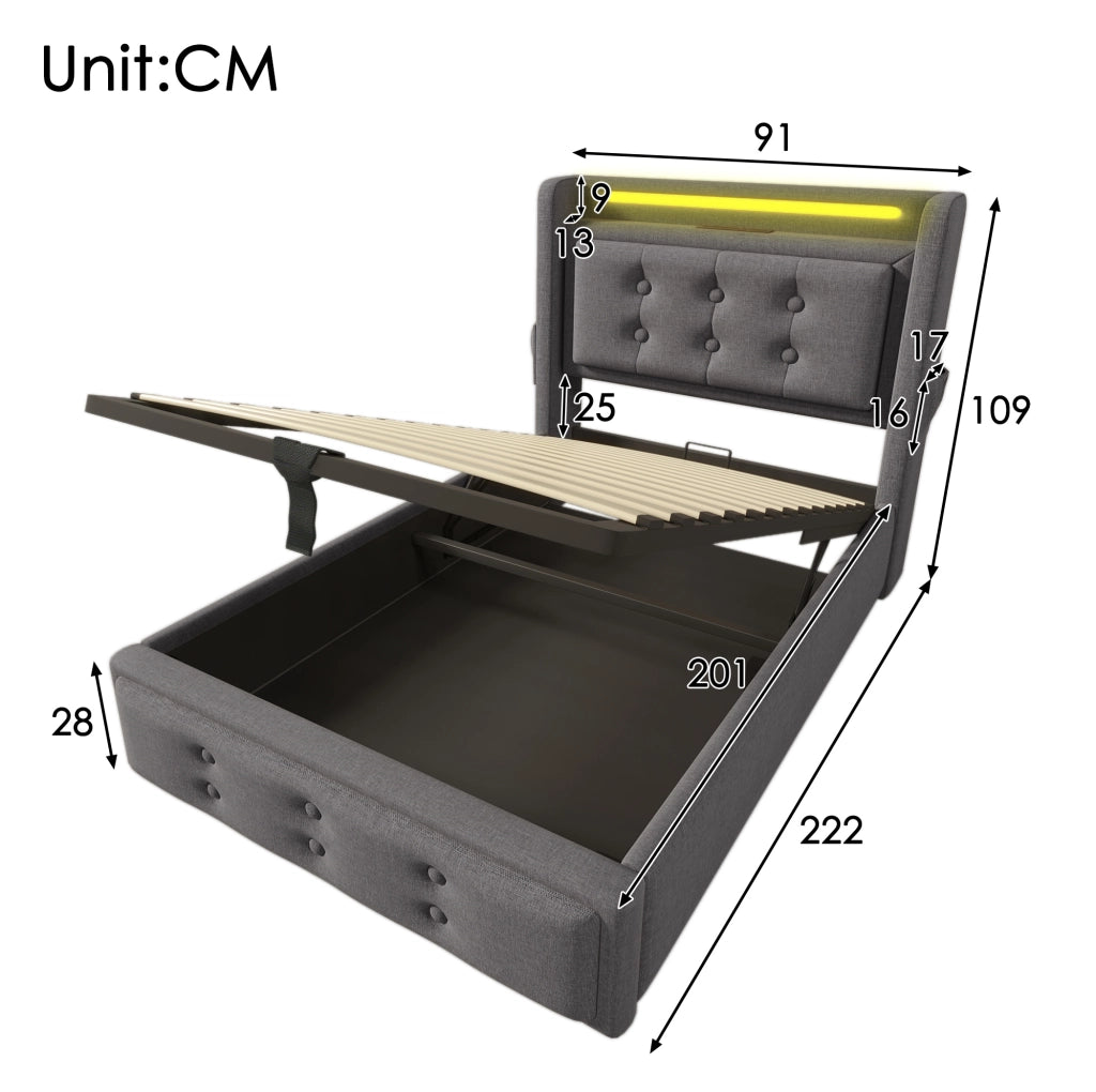 Letto singolo 90x200 cm imbottito in cotone e lino con LED; USB e contenitore; grigio