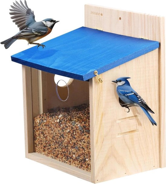 Casa per uccelli con vetrata frontale - In legno di noce - Casa per uccelli con serratura - Sospesa - Legno - Plastica
