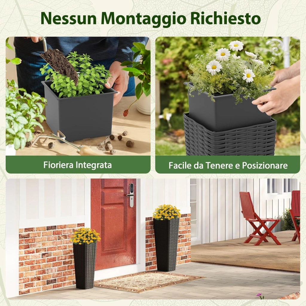 2 Vasi Alti per Piante da Interno ed Esterno, Grandi Fioriere in Rattan con Vassoi Interni Rimovibili, Fori di Drenaggio, Fioriere Decorative per Giardino, Cortile e Balcone (Nero)