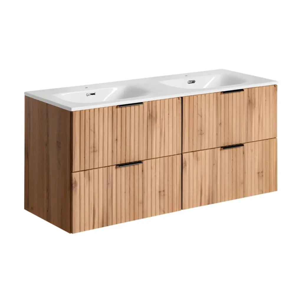Set da bagno NOXERA 120 cm – Rovere wotan – Mobile sottolavabo con doppio lavabo incassato e sifoni