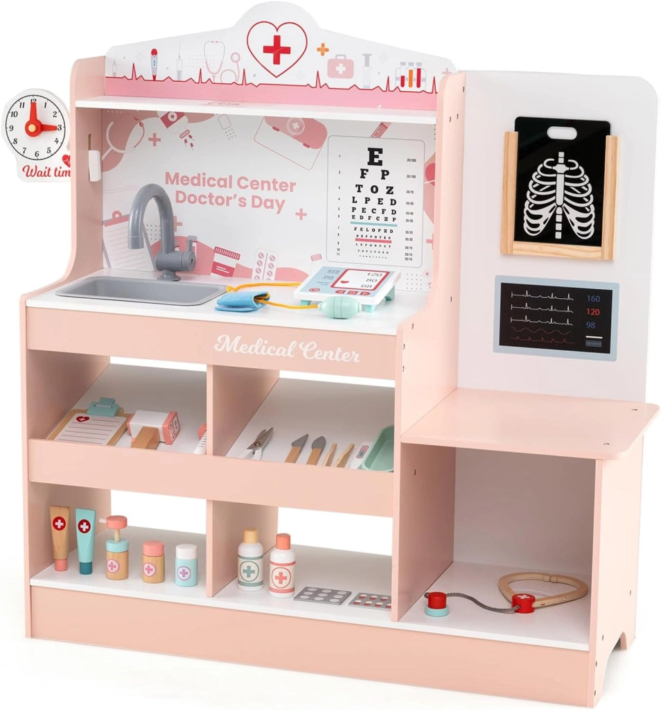 Set da Gioco Dottore in Legno, Centro Medico per Bambini con Orologio, Lavandino, Tabella Oculistica, Monitor ECG, Area Esame e 24 Accessori Giocattolo, 97 × 30,5 × 88 cm (Rosa)