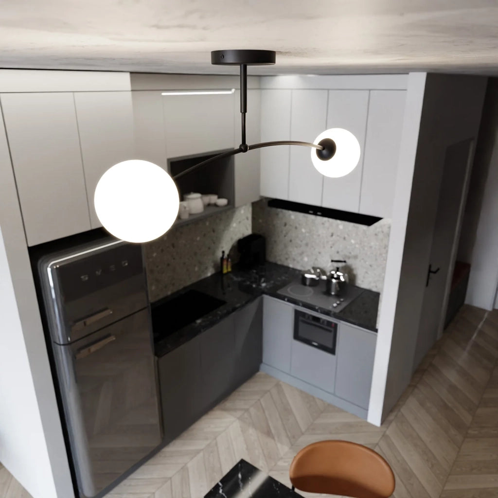 Plafoniera Moderna 2 Luci Susanoo In Acciaio Nero E Vetri A Sfera In Bianco