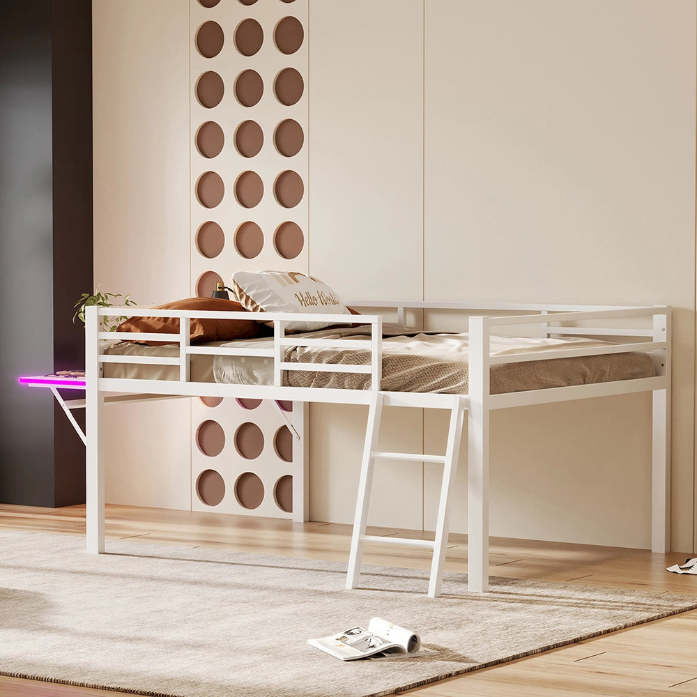 Letto a soppalco 140x200 cm - Xylo - Bianco, Struttura metallica, Scrivania integrata, Luci LED con telecomando