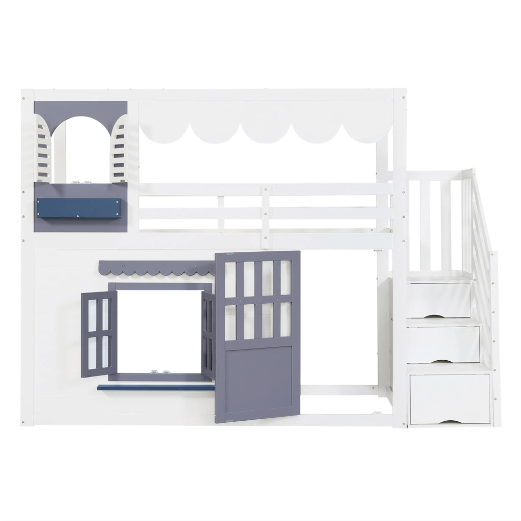 Letto a soppalco per bambini 90×200 cm 1 posto con scala contenitore e porta apribile; senza materasso; bianco e blu