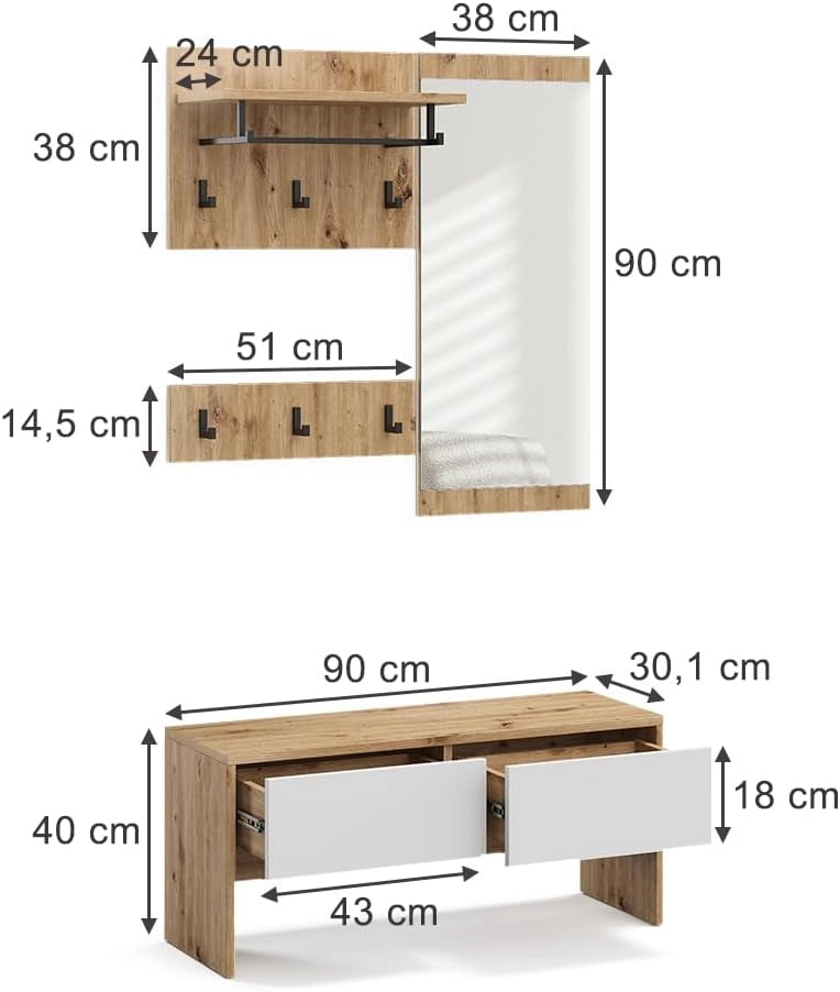 Armadio da ingresso Selena, Bianco/Artisan, 90 x 40 cm 4 parti, per montaggio a parete per un'organizzazione salvaspazio nell'ingresso
