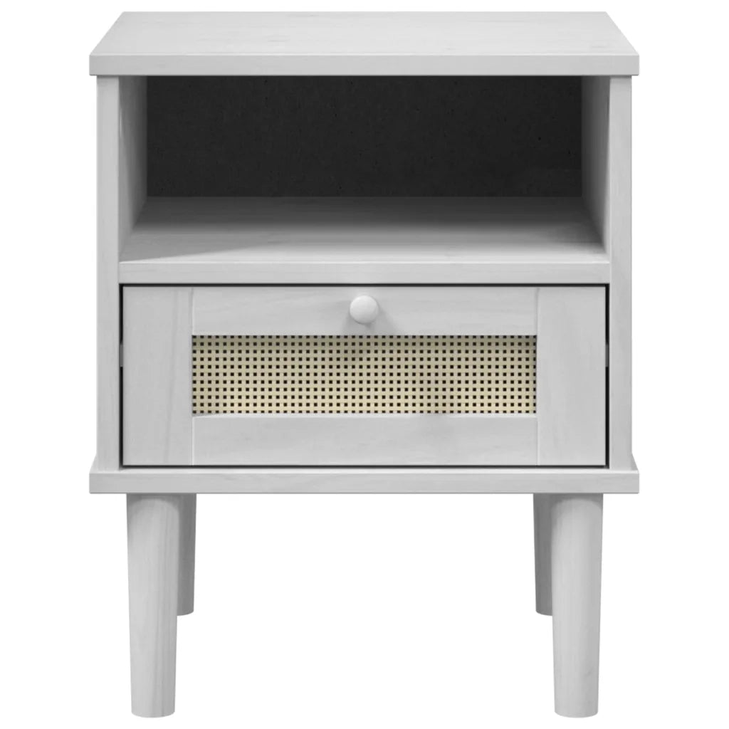Comodino | Armadio da Notte | Mobiletto da notte SENJA Bianco Aspetto Rattan 40x35x48 cm in Legno Pino