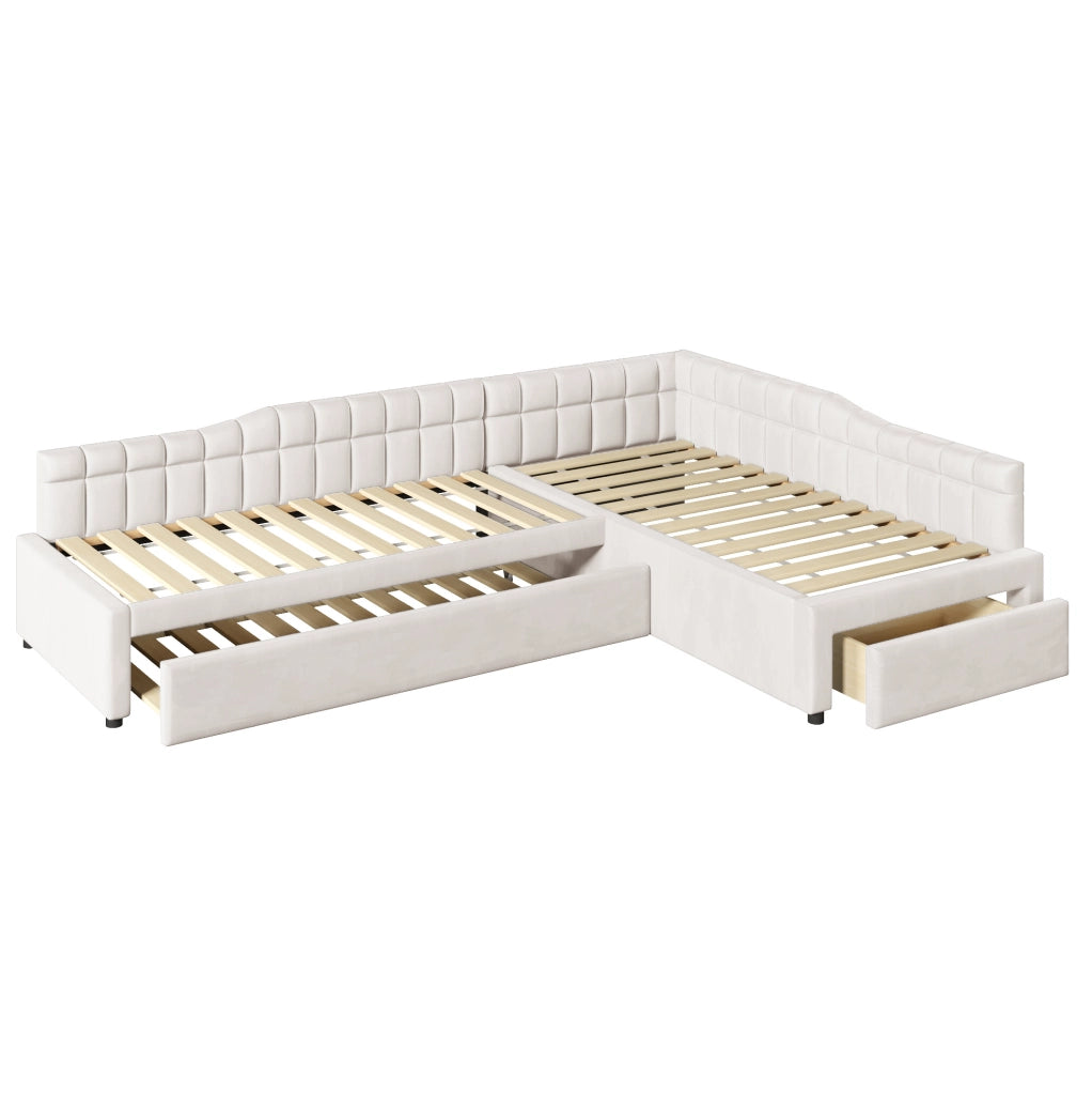 Letto a L 90x200 cm con letto estraibile e cassetti in flanella beige
