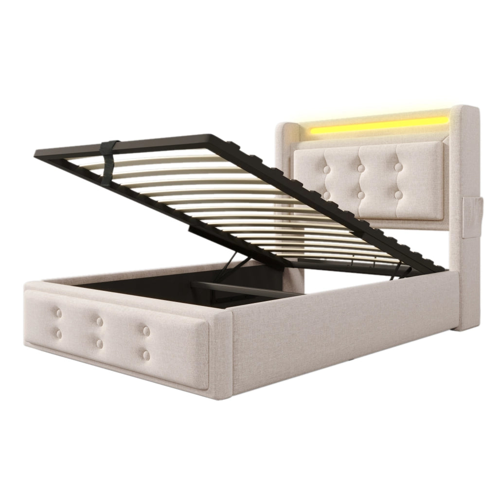 Letti contenitori 90x200 cm; testiera con LED e prese USB; cotone lino; beige (Senza materasso)