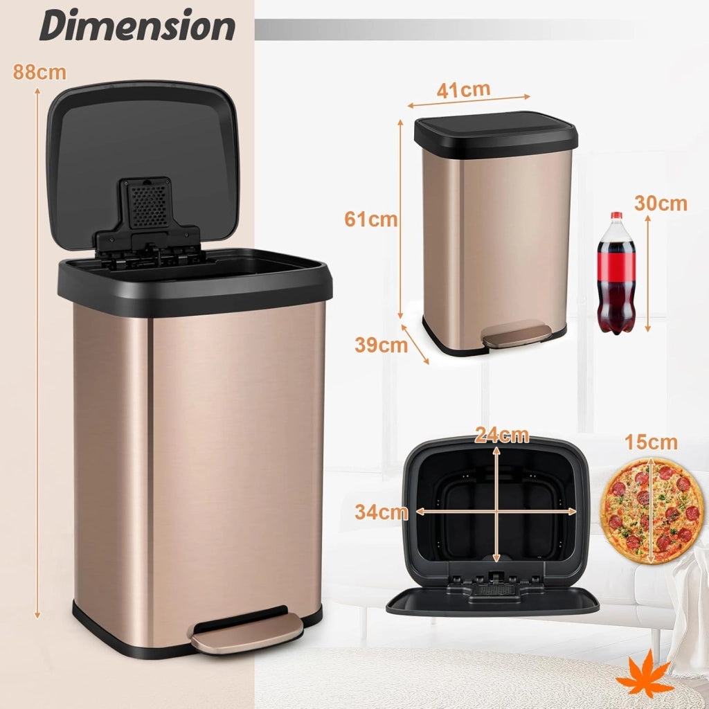 Pattumiera da Cucina da 50 L, con Coperchio e Pedale, in Acciaio Inox e Plastica, con Scomparto per Deodorazione, 41 x 39 x 61 cm (Rosa Dorato, 50L)