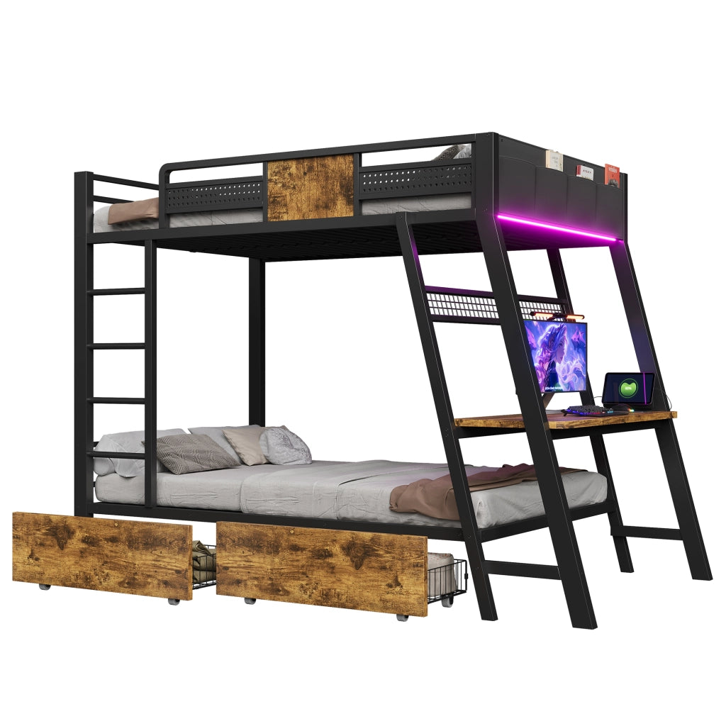Letto a castello in metallo con scrivania integrata, LED e contenitori, 90x200 cm, nero