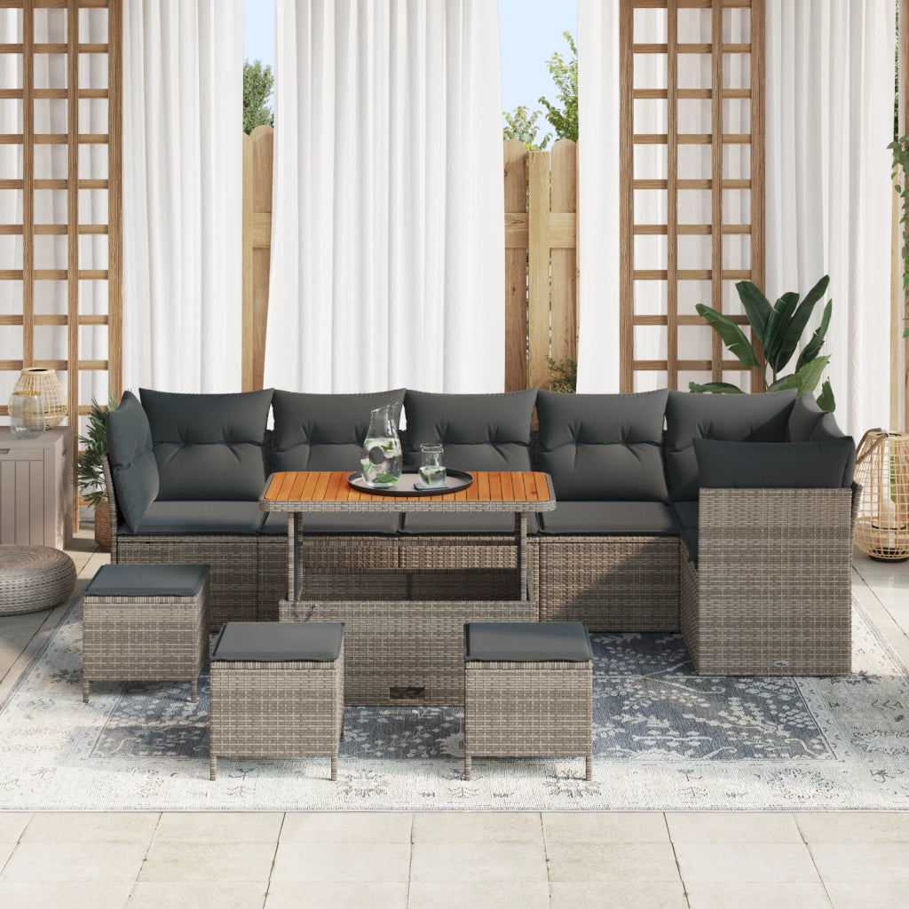 Set Divano da Giardino da 10 Pezzi con Cuscini Grigio Rattan Sintetico Acacia