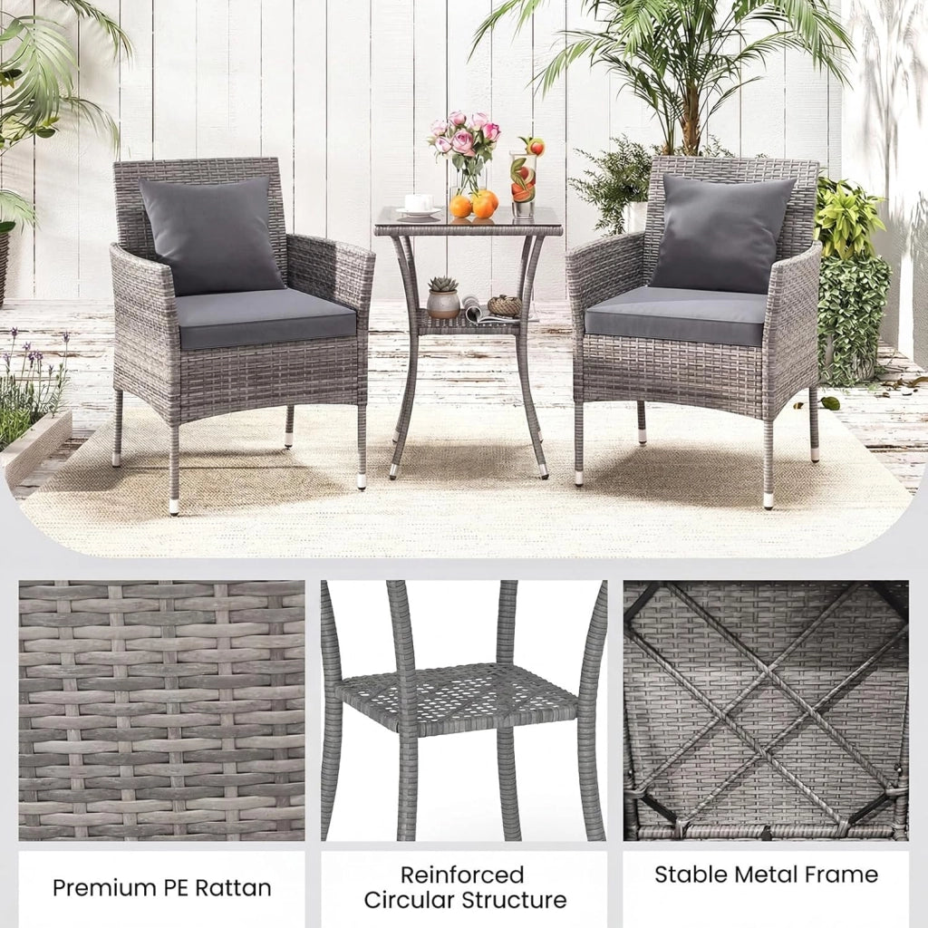 Set di mobili da balcone piccolo balcone, mobili da giardino in rattan, tavolo da bistrot con 2 sedie, mobili da balcone, set da 3 pezzi con cuscino, balcone, set da 2 sedie, 1 tavolo per 2
