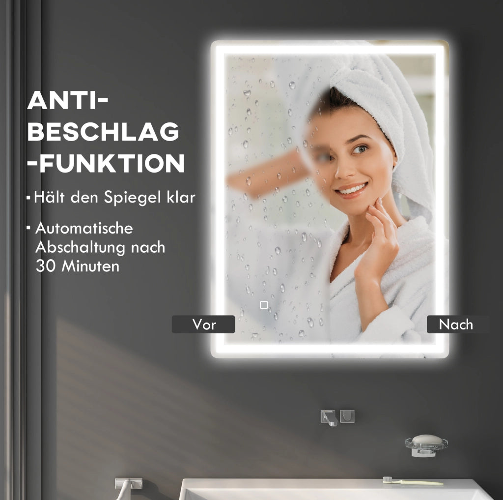 Specchio da Bagno LED 80x60 cm con Funzione Memory e Antinebbia, Cornice in Alluminio Resistente all’Acqua