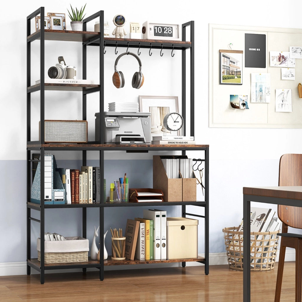Scaffale da cucina con prese di corrente, Tavolo bar con 5 ripiani e 10 ganci a forma di S Marrone rustico-Organizzazione della cucina