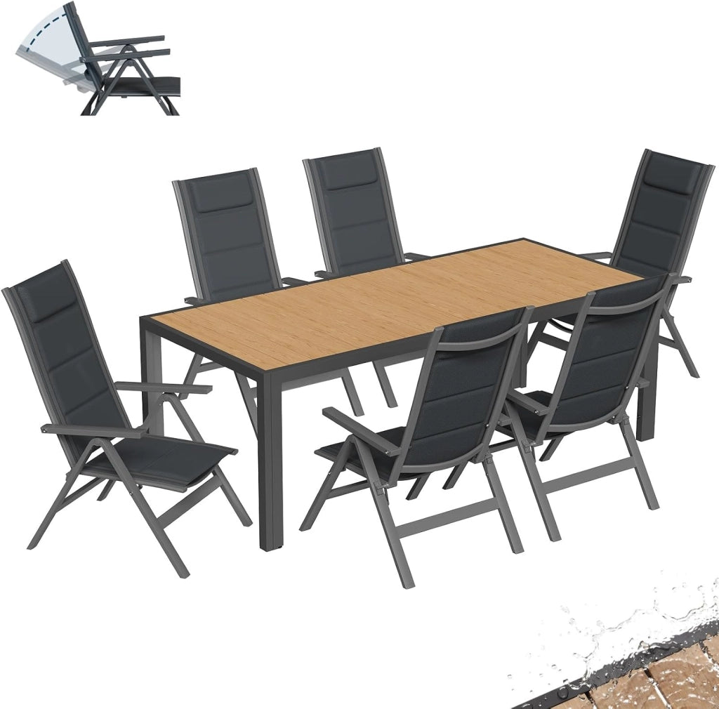 Set Tavolo e Sedie da Giardino 7 Pezzi, Composto da Tavolo 189 cm in Alluminio e 6 Sedie Pieghevoli, Tavolo da Giardino con Finitura a Vena di Legno con Sedie da Terrazza, Balcone, Naturale