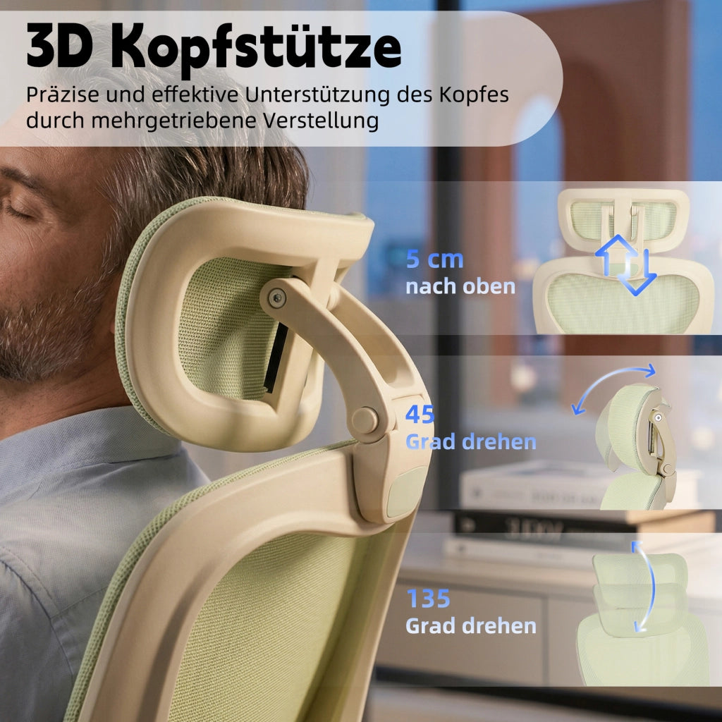 Sedia da ufficio pieghevole con supporto lombare e poggiatesta 3D, schienale reclinabile in schiuma verde