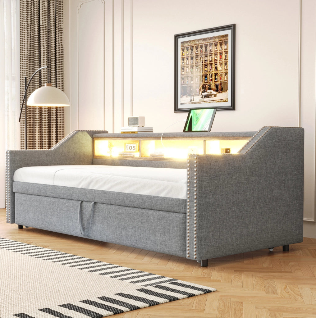 Divano letto imbottito estraibile 90/180 x 190 cm con LED; USB e 2 materassi; grigio chiaro