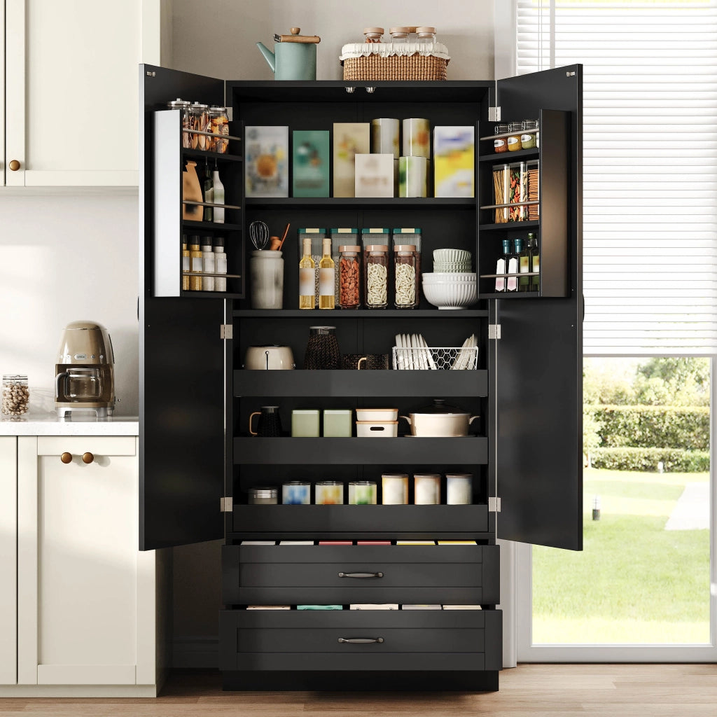 Dispensa da cucina alta con 3 ripiani estraibili; 2 cassetti e 2 ante; in MDF nero; 80 × 37.5 × 180 cm