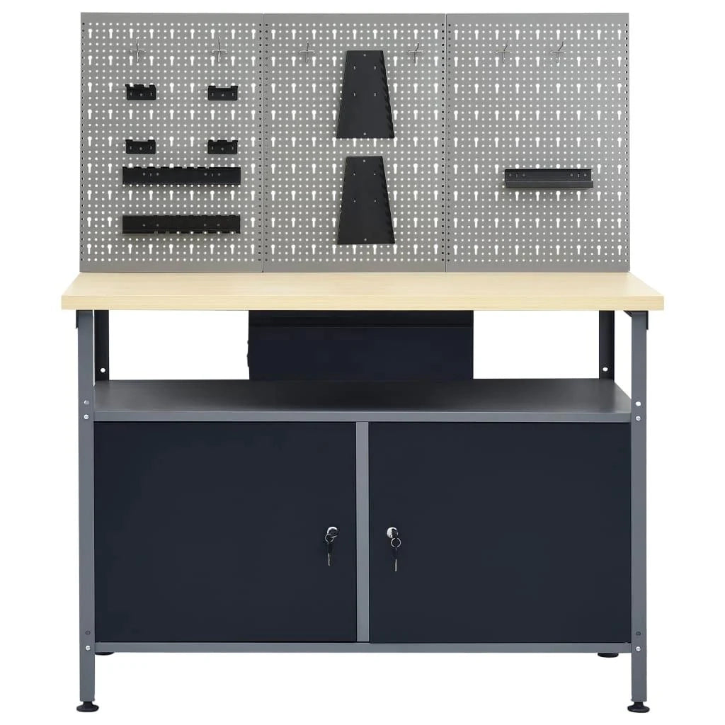 Banco da lavoro da 120 cm con 3 pannelli a parete e 1 mobiletto da officina tavolo da lavoro grigio/nero 02_0003657