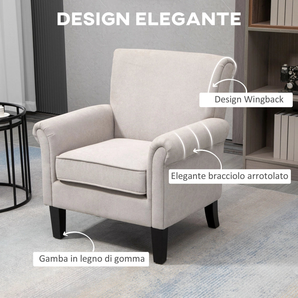 Poltrona d'Arredo in Stile Nordico con Braccioli, in Legno e Poliestere, 79x78x87 cm, Grigio e Marrone