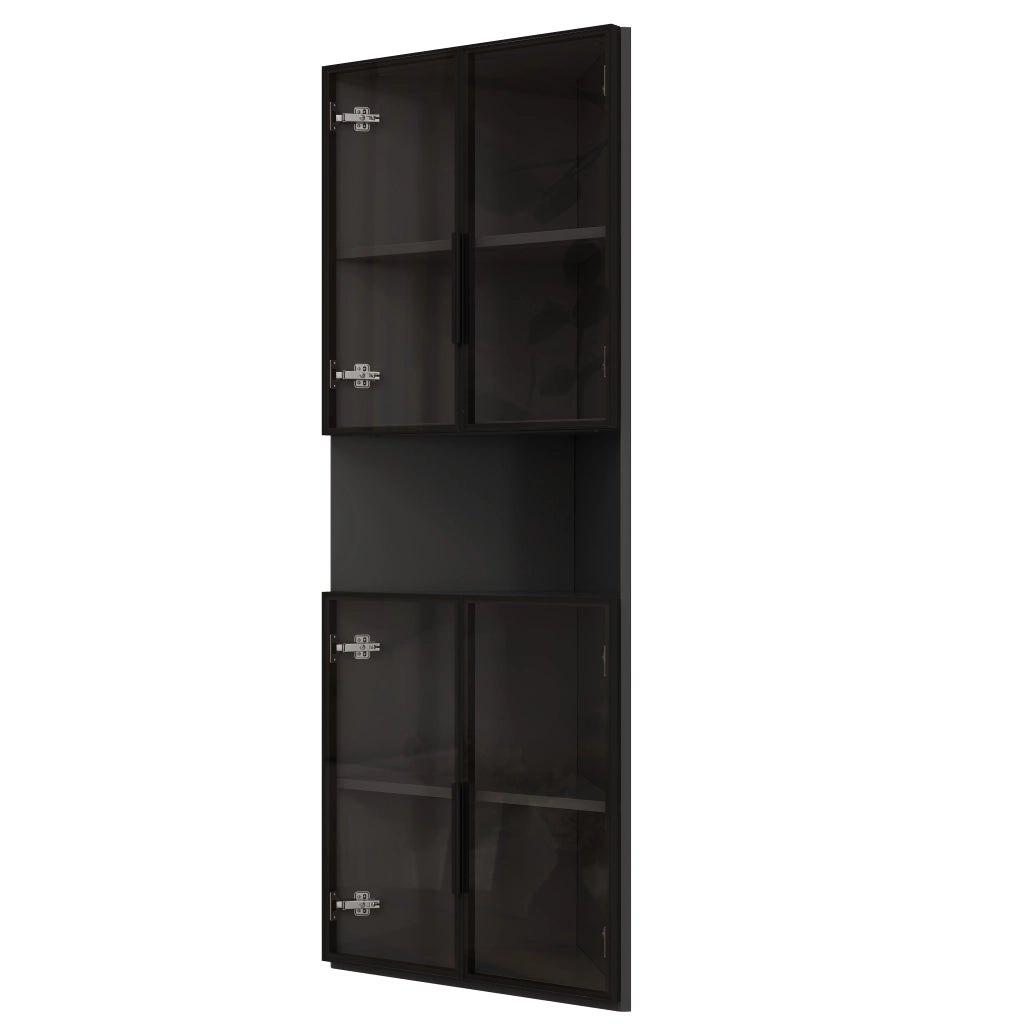 Vetrina ad angolo triangolare 62x32x160 cm nera con frontali in vetro, LED caldo e vano centrale aperto