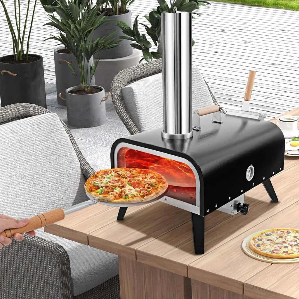 Forno per pizza all'aperto Forno a legna portatile con pietra per pizza pala per pizza termometro, forno pizzero in acciaio inox con telaio rotante, per barbecue, campeggio