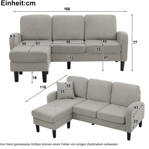 Divano angolare 166x118x77 cm con chaise longue modulare 3 posti grigio