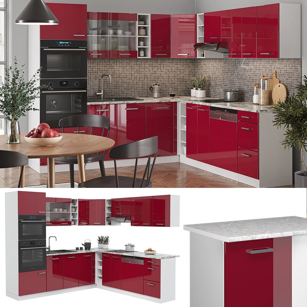Cucina angolare completa R-Line Rosso lucido/Bianco 247 x 237 cm, PL Marmo Vicco