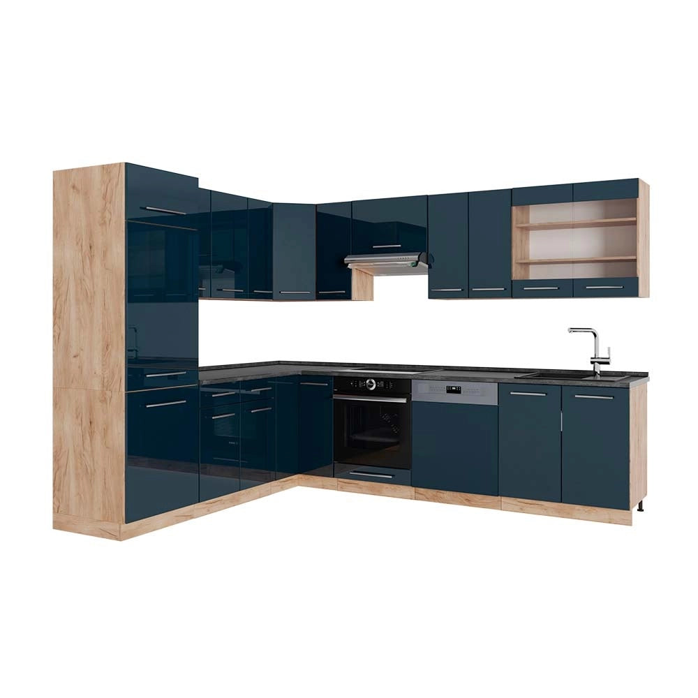 Cucina angolare completa Fame-Line Blu scuro lucido/Rovere dorato 287 x 227 cm, PL Antracite Vicco